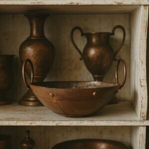 Antique Forged Iron Bowl with Ring Handles Primitive Rustic Decor